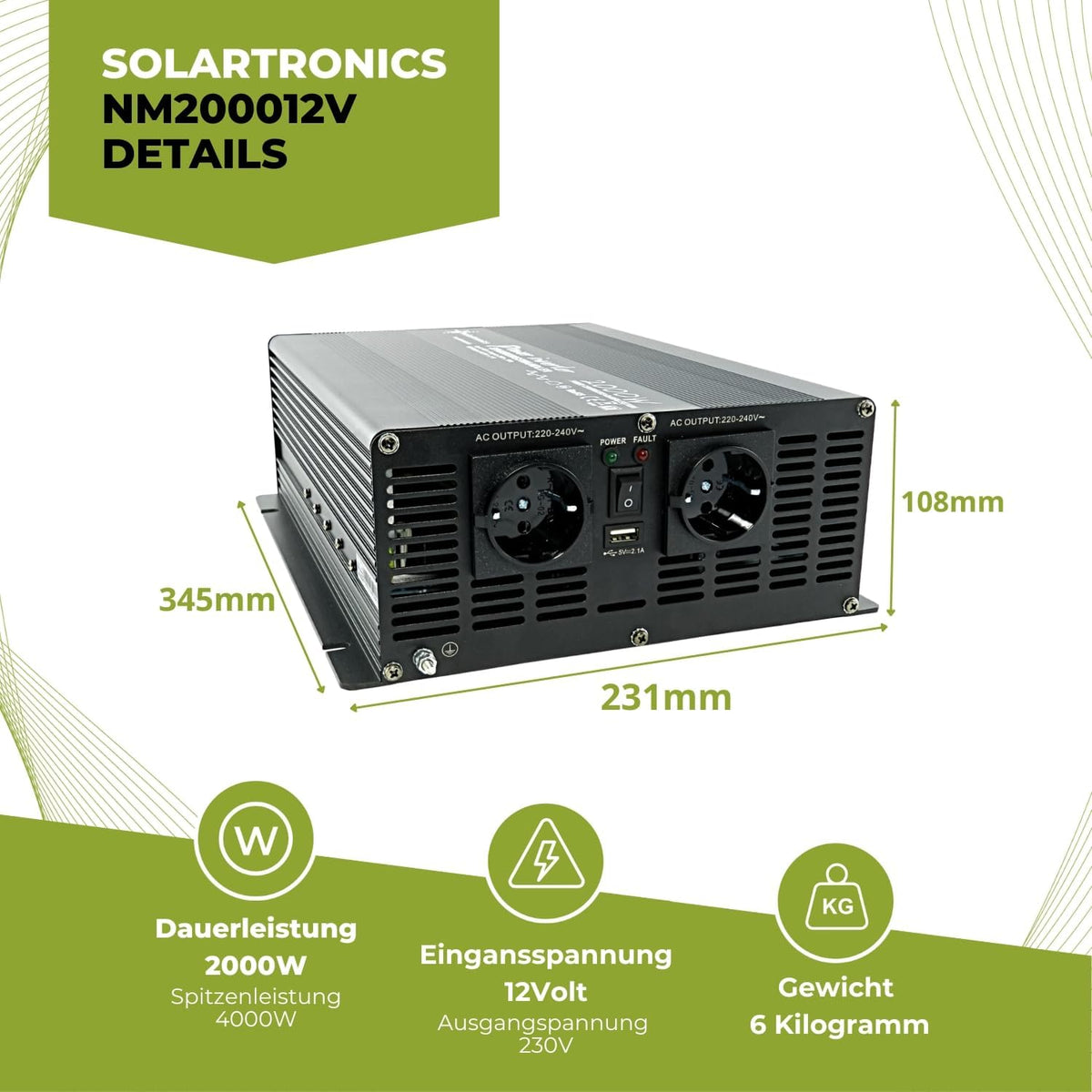 solartronics NM Spanningsomvormer, omvormer, 2000-4000 watt, 12 V naar 230 V, zwart, USB, Schuko, tuin, camping, camper (2000 watt, 12 V)