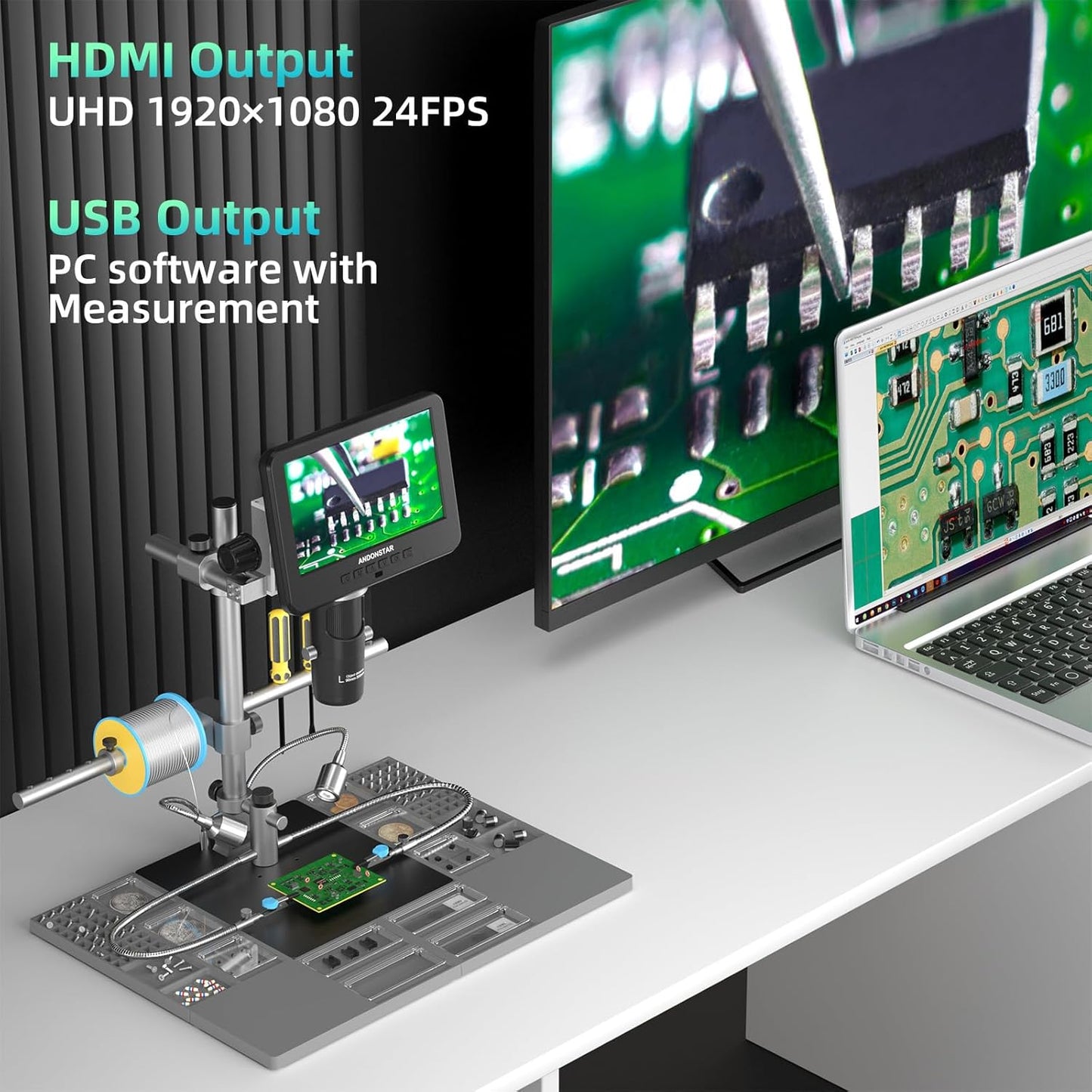 Andonstar AD246S-M Plus Digitale lasmicroscoop HDMI 7 inch 2000 x 3 lenzen 2160P UHD video-opname soldeerstation