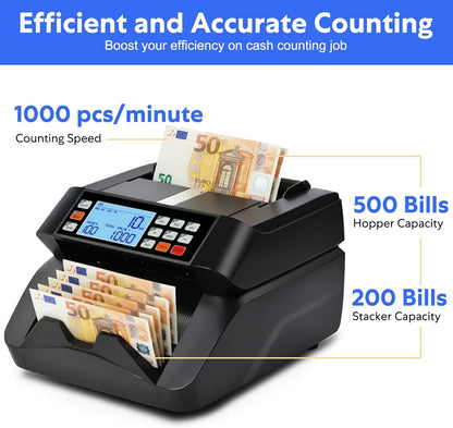 Geldtelmachine geldteller bankbiljettenteller met UV/MG/IR/MT, bankbiljettentellermachine geldbiljettenteller met 3,5" LCD-display en extern display, 1000 vellen/min