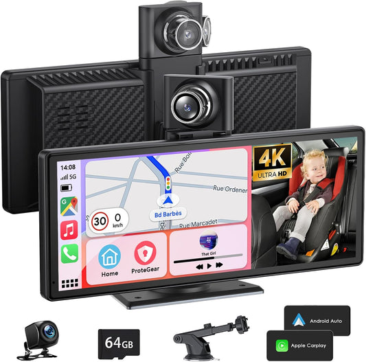 9,26 Inch Wireless Carplay Screen voor Car Play en Android Auto, Draadloze Autoradio met 4K Dashcam/1080P HD Achteruitrijcamera/Bluetooth/FM/AUX/64G TF/Mirror Link/Spraakbesturing/GPS-Navigatie