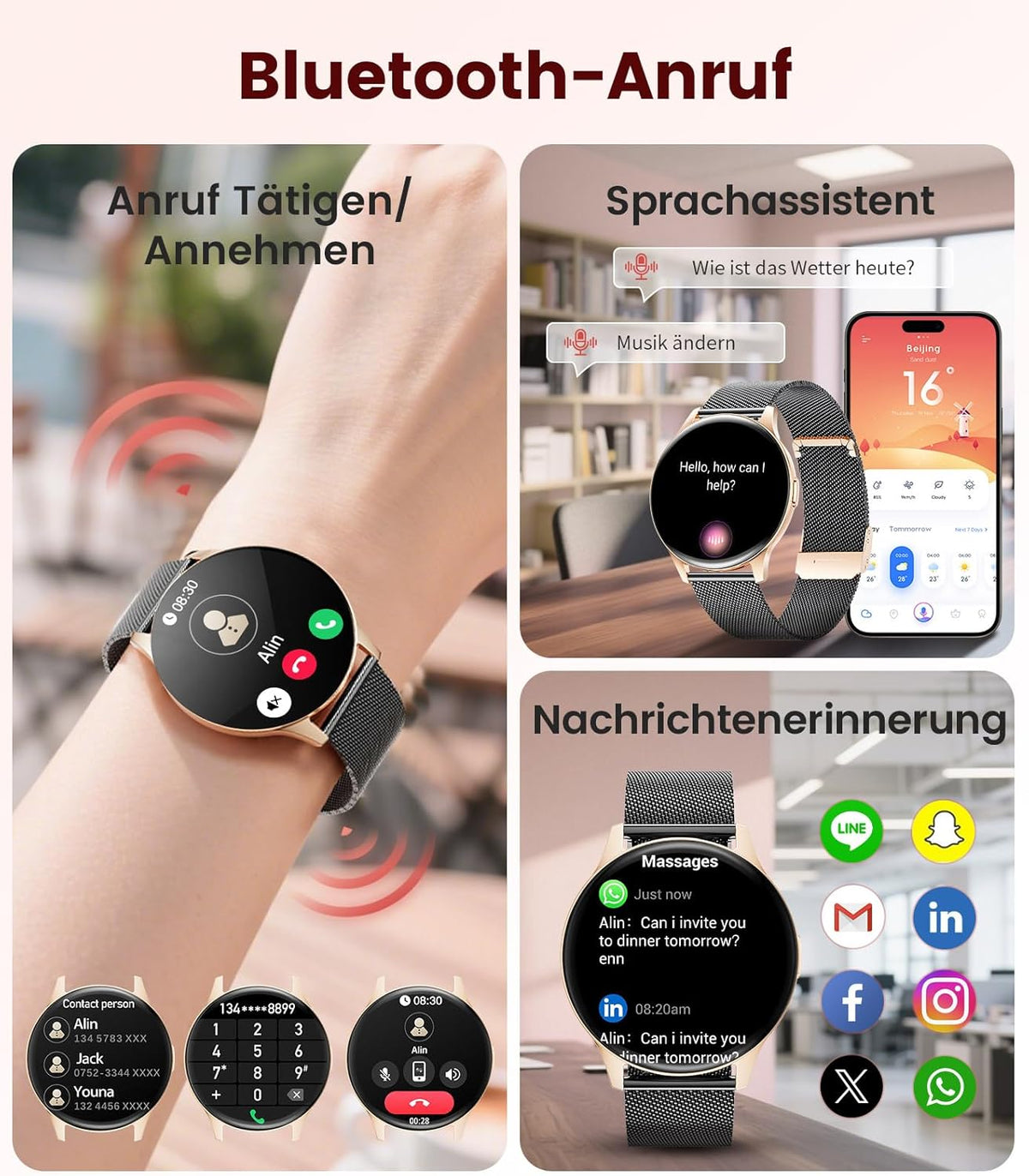 DREMAC Smartwatch voor dames met bluetooth-oproep/1,43 inch Amoled smartwatch met 120 sportmodi, 24/7 hartslagmonitor, stappenteller/SpO2/slaap, compatibel met Android iOS