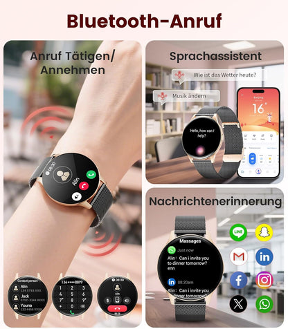 DREMAC Smartwatch voor dames met bluetooth-oproep/1,43 inch Amoled smartwatch met 120 sportmodi, 24/7 hartslagmonitor, stappenteller/SpO2/slaap, compatibel met Android iOS