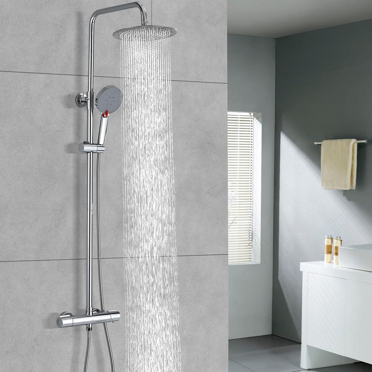Doucheset – Douchesysteem – Regendouche – Handdouche – Thermostaatkraan – RVS 25 cm Regendouche – 3 Straalsoorten Handdouche – Verstelbare Douchestang