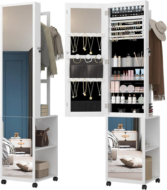 Hzuaneri Jewelry and Wardrobe with 8 LEDs, 165cm Jewelry Storage System with 1 Clothes Rack, Lockable Full Length Mirror with 4 Wheels, Storage Shelves with Hooks, White and Black JC17003B