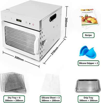 Fruitdroger van roestvrij staal, met 6 planken en gratis receptenboek, BPA-vrij, temperatuurinstelling 30-90 °C, max. 24 uur, droogapparaat voor groenten, vlees, chili, 400 watt