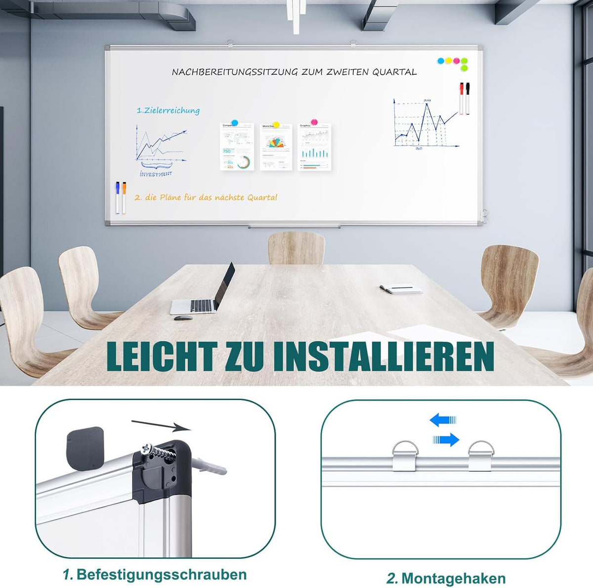 Whiteboard 100 x 150 cm whiteboard magnetisch, magneetbord met aluminium frame, magneetwand, whiteboard met pennenbakje en haak