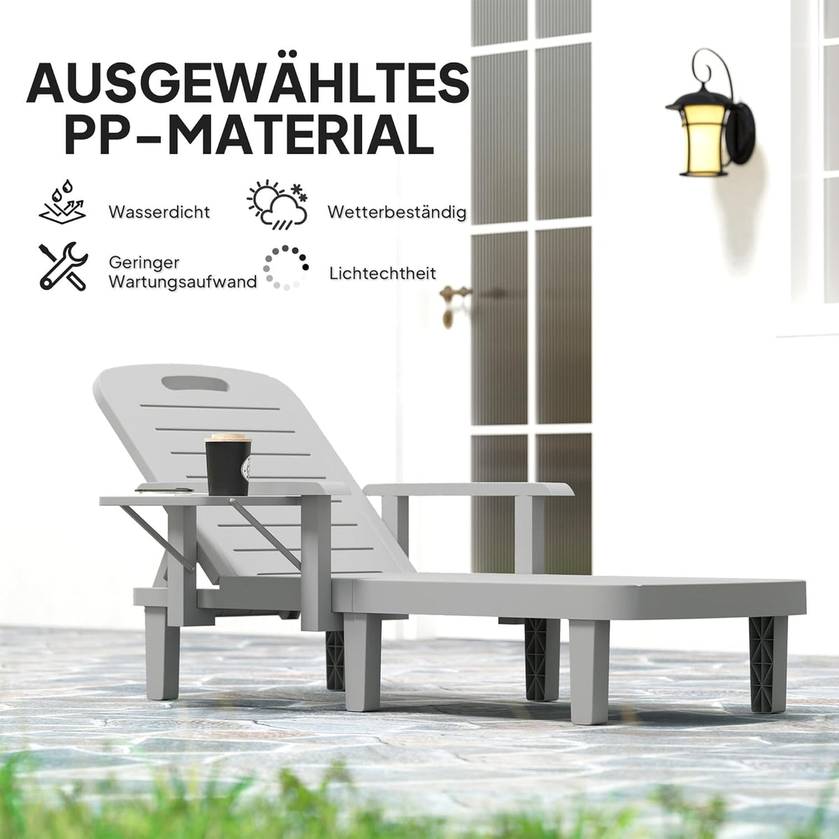 Outsunny Sonnenliege Gartenliege mit Seitentisch Holzoptik Liegestuhl mit 5-Fach verstellbare Rückenlehne, wetterfeste Campingliege, Gartenstuhl bis 120 kg load, für Garten Outdoor Strand, Hellgrau