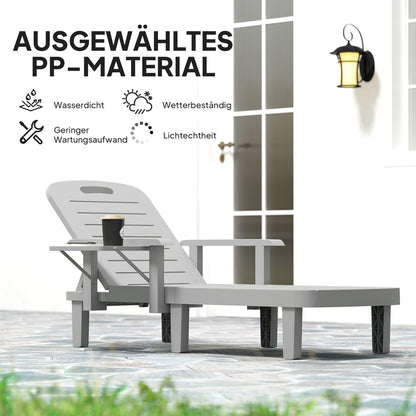 Outsunny Sonnenliege Gartenliege mit Seitentisch Holzoptik Liegestuhl mit 5-Fach verstellbare Rückenlehne, wetterfeste Campingliege, Gartenstuhl bis 120 kg load, für Garten Outdoor Strand, Hellgrau