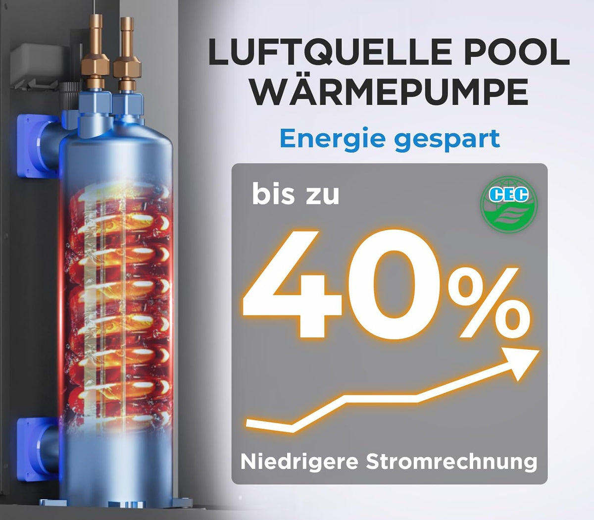 5 KW Elektrische zwembadwarmtepomp voor opbouwzwembad, zwembadverwarming, warmtepomp, zwembad tot 20.000 l, 20 m³, wifi-bediening, 220 V, 240 V, 50 Hz