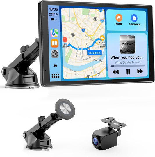 Avylet 8 inch draagbaar Carplay-display voor Apple CarPlay en Android Auto, aanraakscherm, magnetische houder, OTA-updates, IP67, 1080p achteruitrijcamera, bluetooth, spraakbediening, GPS-navigatie