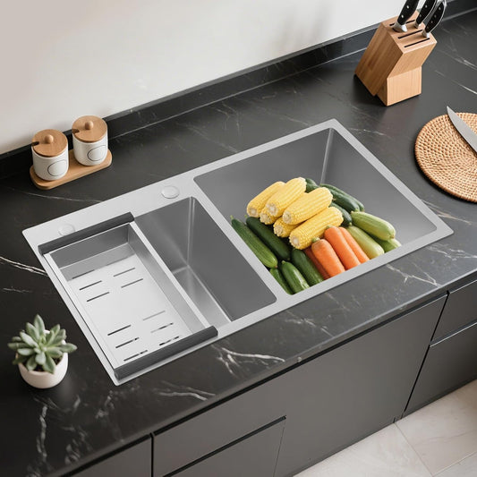Stainless steel kitchen sink 80 cm, double sink with draining surface and sound insulation, attachment/understructure/built-in for kitchen, garage, laundry kitchen - 304 stainless steel sink set incl - QUORE