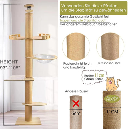 Krabpaal met plafondspanner, kamercapsule, kattenhangmat, volledig omwikkeld met sisaltouw, breedte 11 cm, krabpaal tot plafond (240 ~ 250 cm, 265-275 cm)
