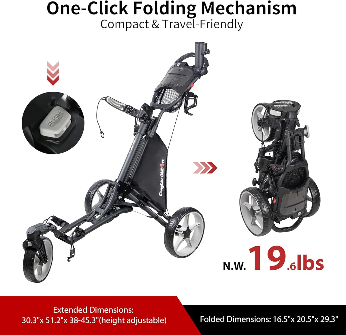 Caddytek CaddyLite One Swivel versie 8 golftrolley, 3-wielen, 360° zwenkbaar voorwiel, inklapbaar met één klik, lichtgewicht, verstelbare duwbeugel