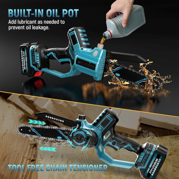 2-in-1 Kettingzaag - 21V - Mini Kettingzaag - Snoeizaag - Takkenzaag - Handzaag - Draagbaar - Inc. Draagtas - 2x Lithium-ion Accu - Oplader - Koffer - Brushless - voor Tuinieren