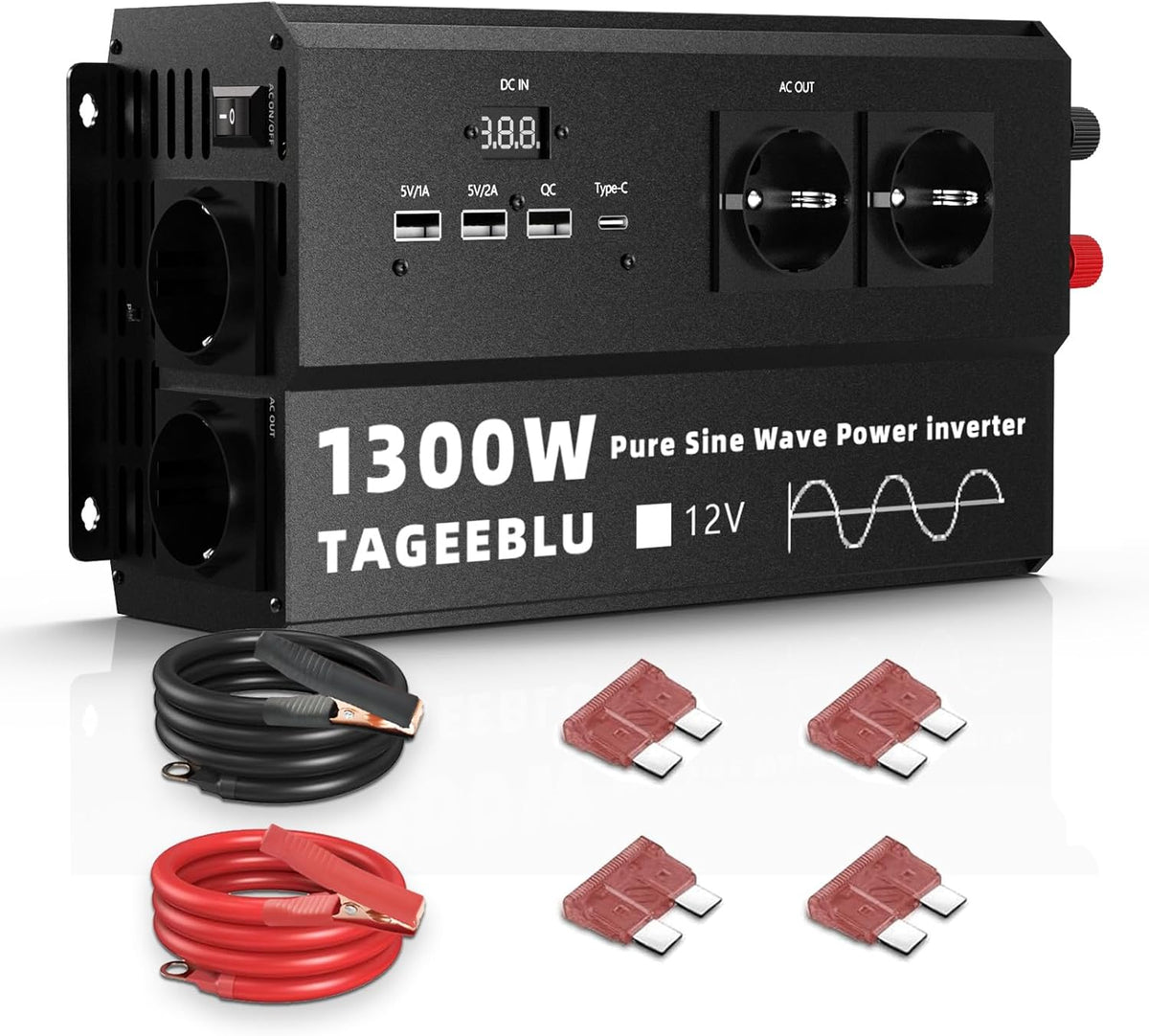<font dir="auto" style="vertical-align: inherit;"><font dir="auto" style="vertical-align: inherit;">        1300W Pure Sine Wave inverter 12v 220v, 4 EU outlets, Type C 30W, Fast charging USB 25W, 3 USB ports, LED display       </font></font>