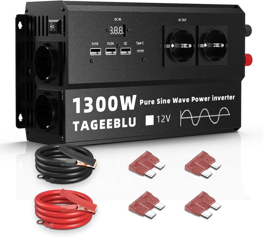 <font dir="auto" style="vertical-align: inherit;"><font dir="auto" style="vertical-align: inherit;">        1300W Pure Sine Wave inverter 12v 220v, 4 EU outlets, Type C 30W, Fast charging USB 25W, 3 USB ports, LED display       </font></font>