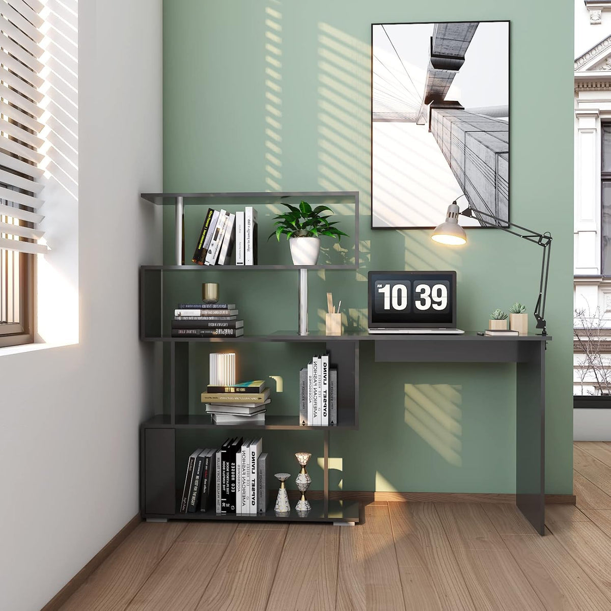 Meerveil Computertafel, L-vormig, hoekbureau, met 360 graden draaibare boekenkast voor werkkamer, woonkamer, kantoor, 157 x 45 x 130,5 cm, zwart