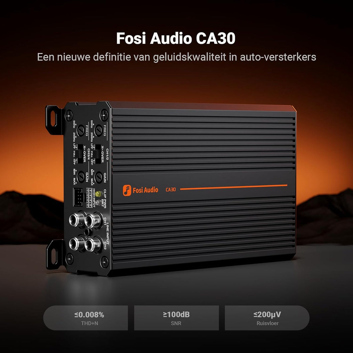 Fosi Audio CA30 4-kanaals Auto-versterker Klasse D, Onafhankelijke Crossover RCA/Hoog Niveau-ingang, 88% Efficiëntie 100Wx4 bij 4Ω/320W Gebrugd, met Lage Ruis voor Stereogeluidssysteem in Voertuigen