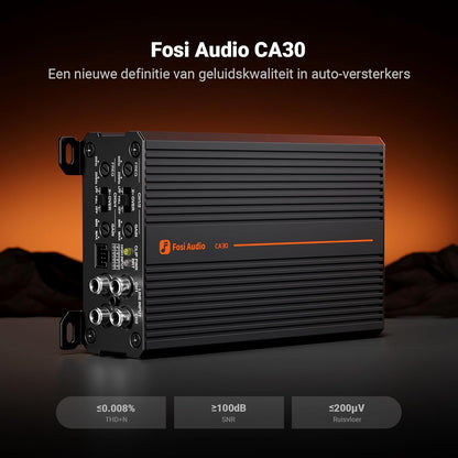 Fosi Audio CA30 4-kanaals Auto-versterker Klasse D, Onafhankelijke Crossover RCA/Hoog Niveau-ingang, 88% Efficiëntie 100Wx4 bij 4Ω/320W Gebrugd, met Lage Ruis voor Stereogeluidssysteem in Voertuigen