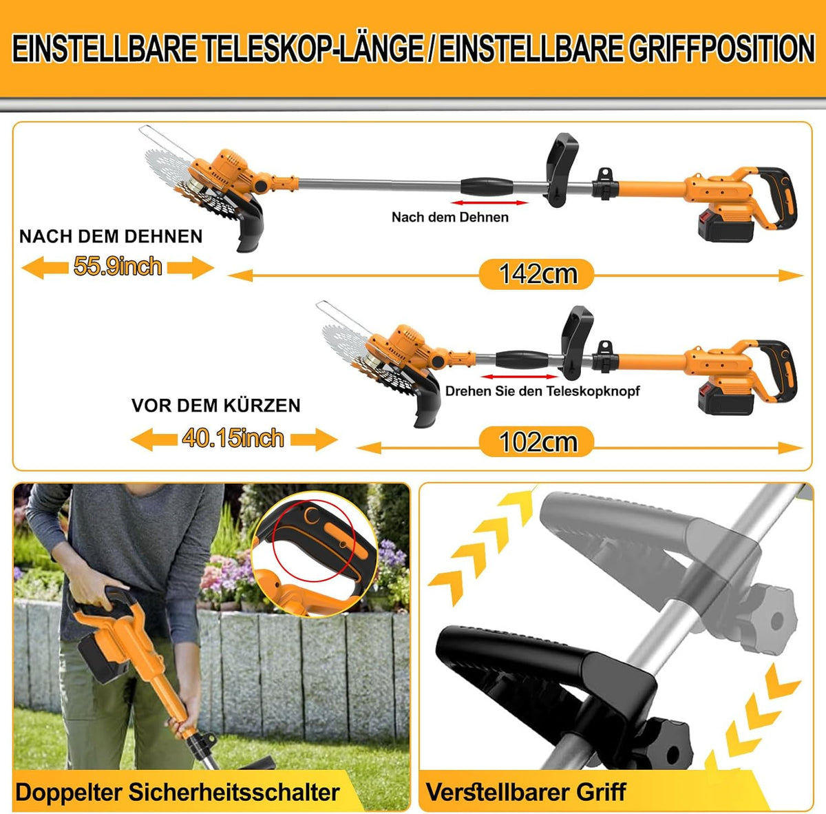 Draadloze grastrimmer met accu 21 V borstelloze bosmaaier met 2 accu's 4,0 Ah en onkruidborstel, 4-in-1 telescopische elektrische bosmaaier, draadloos, oranje