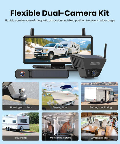 AUTO-VOX Zonne Draadloos Omkeren Camerasysteem met Twee Camera's (Licentieplaat & Draagbaar): 7.25 duim 1080P HD Dual Channel Monitor, IP69K Waterdichte Omgekeerde Camera voor Camper, Camper