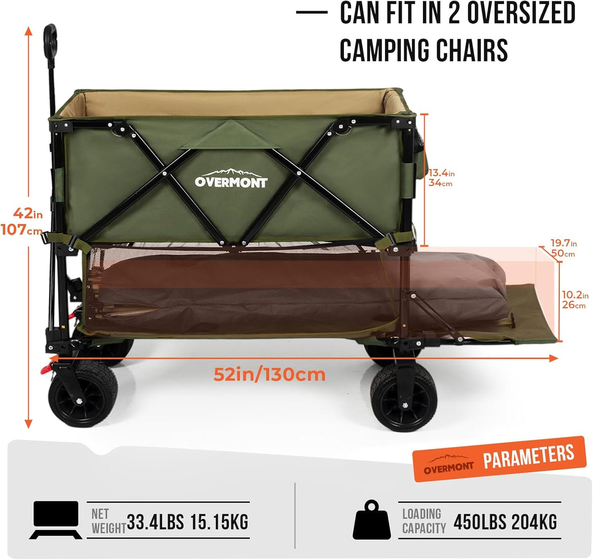 Overmont 400L Opvouwbare dubbeldekker Wagon - All-Terrain Afneembare Grote Wielen 200kg Capaciteit Opvouwbare Festivalwagen voor Camping Sport Winkelen Tuin en Strand Groen