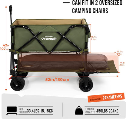 Overmont 400L Opvouwbare dubbeldekker Wagon - All-Terrain Afneembare Grote Wielen 200kg Capaciteit Opvouwbare Festivalwagen voor Camping Sport Winkelen Tuin en Strand Groen