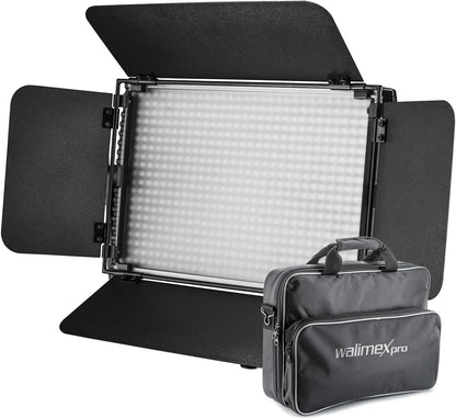 Walimex pro Niova 600 Plus Daylight Led-videolamp, continu licht, 36 watt, 600 leds, dimbaar, 5600 K, 4.350 lumen, CRI ≥ 97 Ra, DMX + afstandsbediening, 2 x NP-F-accusleuven + voeding