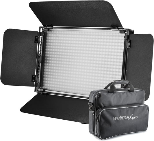 Walimex pro Niova 600 Plus Daylight Led-videolamp, continu licht, 36 watt, 600 leds, dimbaar, 5600 K, 4.350 lumen, CRI ≥ 97 Ra, DMX + afstandsbediening, 2 x NP-F-accusleuven + voeding