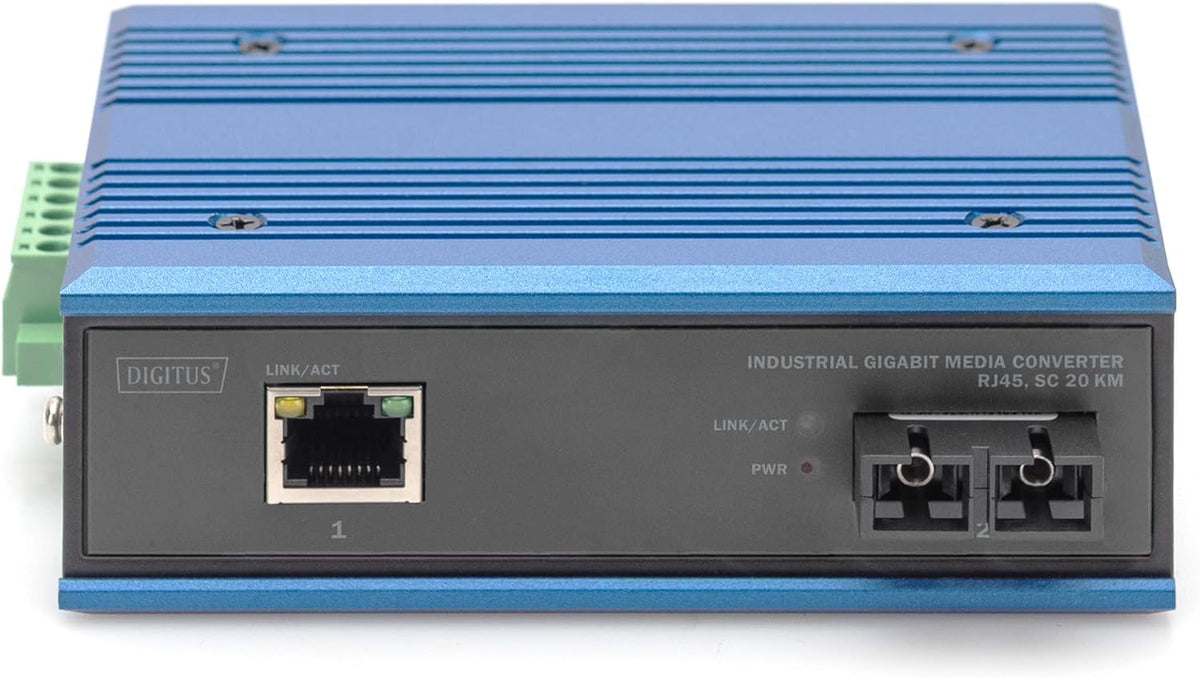 DIGITUS industriële Gigabit mediaconverter - 1x RJ45, 1x SC-Duplex 1310nm -Singlemode glasvezel - 20 km bereik - 10/100/1000 Mbps - DIN rail montage - zwart/blauw
