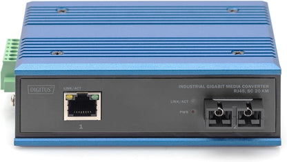 DIGITUS industriële Gigabit mediaconverter - 1x RJ45, 1x SC-Duplex 1310nm -Singlemode glasvezel - 20 km bereik - 10/100/1000 Mbps - DIN rail montage - zwart/blauw