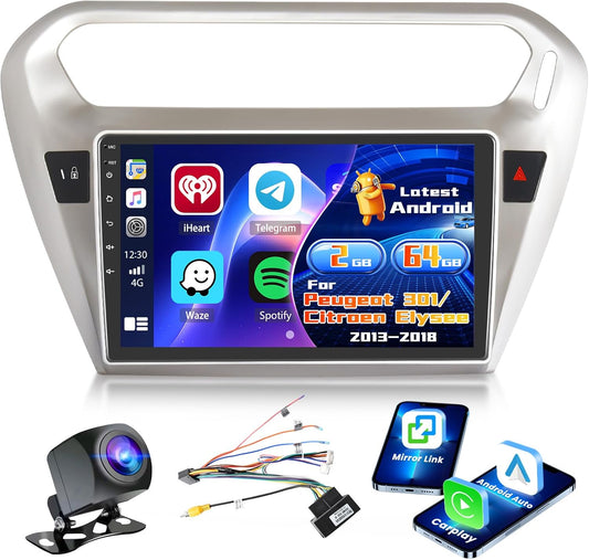 Inefala 2+64G Radio voor Peugeot 301/Citroen Elysee 2013-2018 Android met Wireless CarPlay Android Auto, 9 Inch Autoscherm Soporta Bluetooth WIFI 26UI GPS FM EQ SWC AHD Achteruitrijcamera