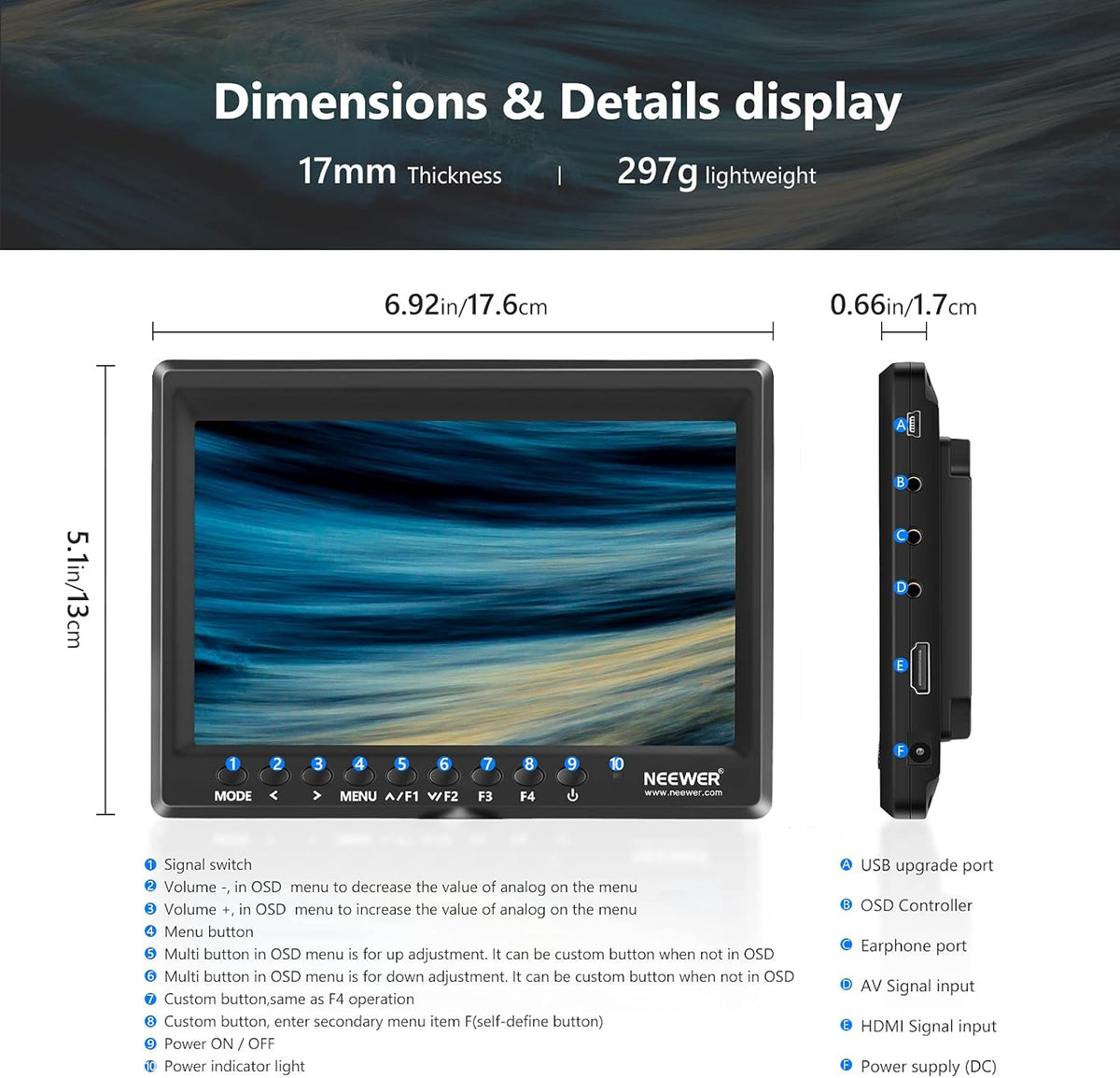 NEEWER Veldmonitor 7 inch 1280 x 800 IPS schermset: ondersteunt ingang met 2600 mAh lithium-ion batterij, USB-oplader voor DSLR-camera/camcorder