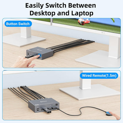 MLEEDA HDMI+USB C KVM Switch Dual Monitor 1 Laptop en 1 Desktop 4K@60Hz, USB C HDMI KVM Switch 2 PC 2 Monitor met 4 USB 3.0 Poort, 80W PD Opladen, Met Bedrade Afstandsbediening, USBC Kabel