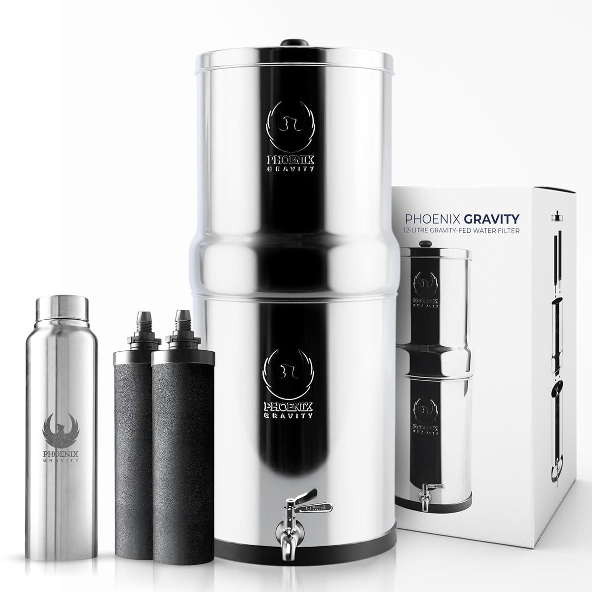 Waterfilter Op Zwaartekracht Met 2 Koolstoffilters – Zwaartekrachtfilter – Waterzuiveraar – Drinkwaterfilter – Waterfiltersysteem – 3,25 Gallon (12,3 Liter) – 304 Roestvrij Staal