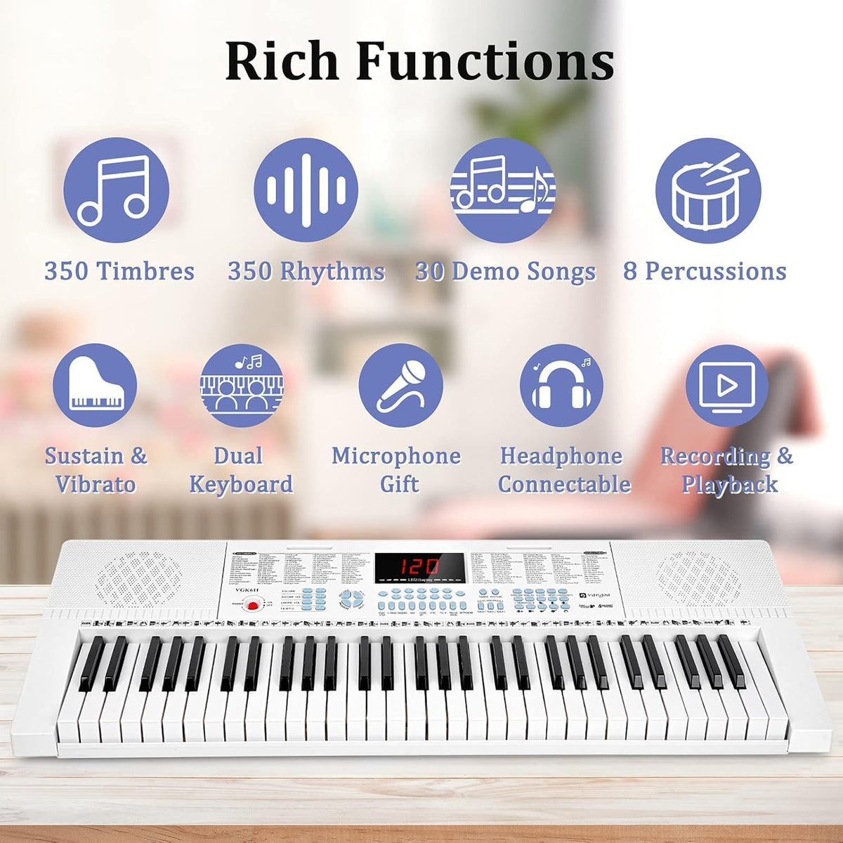 Elektronisch pianotoetsenbord – Keyboard – Elektrische piano – Digitale piano – Pianokeyboard – Wit – 61 Verlichte Toetsen – 350 Klankkleuren En 350 Ritmes