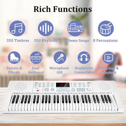 Elektronisch pianotoetsenbord – Keyboard – Elektrische piano – Digitale piano – Pianokeyboard – Wit – 61 Verlichte Toetsen – 350 Klankkleuren En 350 Ritmes