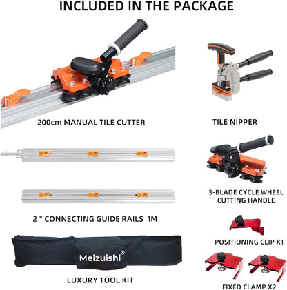 Handmatige tegelsnijder, draagbaar, 2,0 m – tegelsnijder steen 12 mm max – vierkant met 3 messen voor tegels/keramiek – complete set railsnijder 100/200 cm