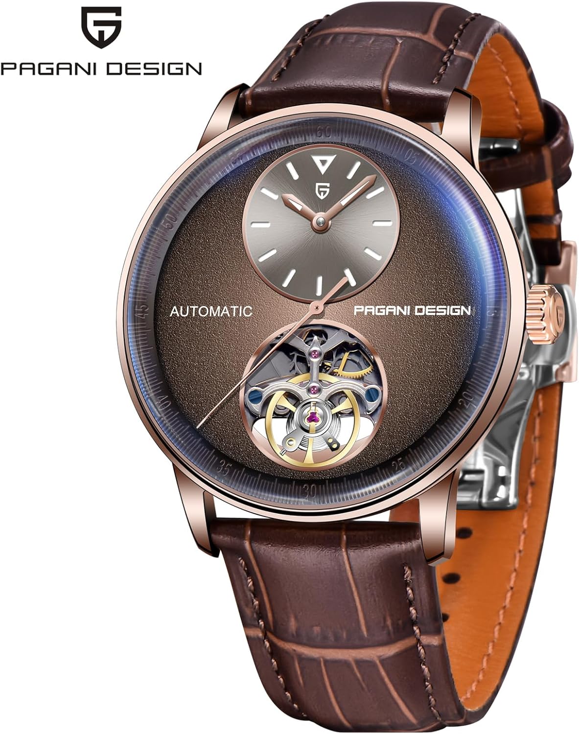 Pagani Design Herenhorloges, automatisch, waterdicht, analoog, individueel design, skelet, kleine lunette met PU-lederen band, elegante cadeaus voor mannen (lichtbruin), bruin