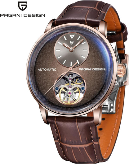 Pagani Design Herenhorloges, automatisch, waterdicht, analoog, individueel design, skelet, kleine lunette met PU-lederen band, elegante cadeaus voor mannen (lichtbruin), bruin