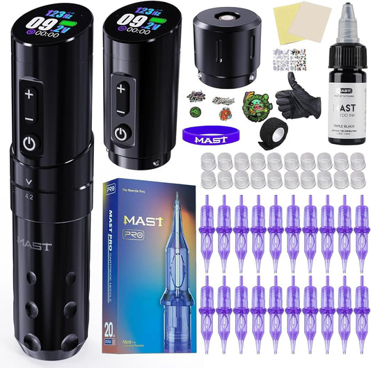 Mast Flip3 Tattoo Gun Kit Wireless Machine Pen 7 Strokes Length Tattoo Gun Pro Needles Cartridges 2 Batteries Power Supply Black color