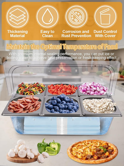 Kalolary Pizzabelag-station, 7 pannen, roestvrij staal, kruidenorganizer, saladebar, buffetstation met lepels, koelboxen, buffetcontainerset voor sauzen, jam, ingrediënten, keuken, restaurant