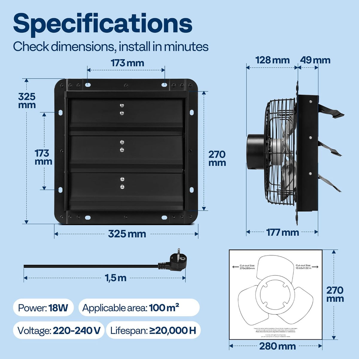 VIVOHOME 250 mm Afzuigventilator met EC-Motor, 10 Verstelbare Snelheden, Muurventilator voor Serre, Kelder, Garage, Keuken
