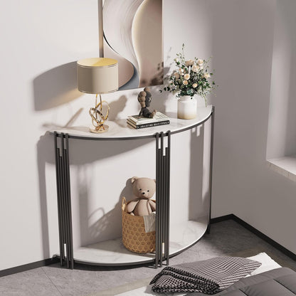 Halve maan consoletafel gang: 2-laags witte marmeren tafels 100x30x78cm Halve cirkel hal tafel gesinterde stenen ingangstafel moderne bank bijzettafel voor veranda, woonkamer, entree