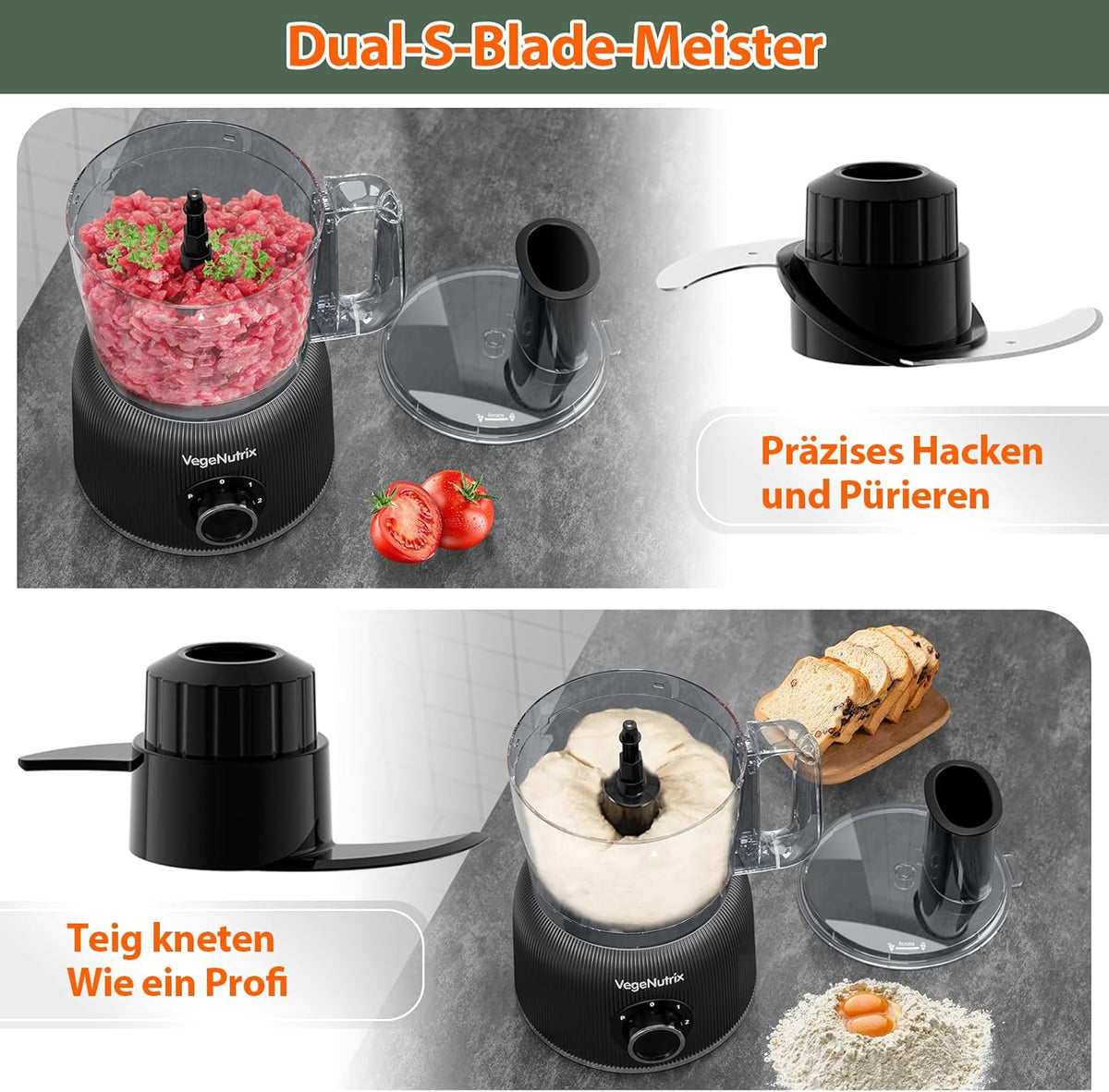 1500 W keukenmachine en mixer combinatie, 2,5 l hakmolen voor vlees, groenten en deeg, 2 l blender met glazen reservoir, 2 snelheden en pulsfunctie voor smoothies, sap enz.