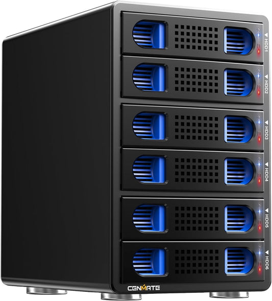 6-bay harde schijfbehuizing met koelventilator voor 2,5/3,5 inch SATA HDD/SSD met USB A/C 3.0 kabel, 3,5 harde schijflezer ondersteunt 120TB capaciteit (geen RAID/NAS)