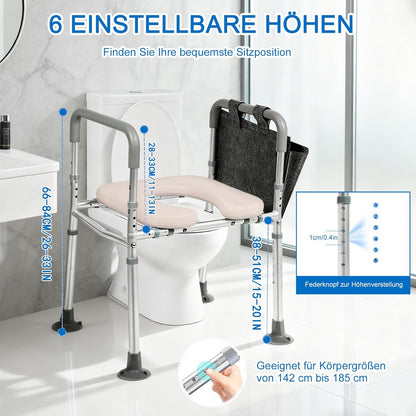 NJUN Toiletbrilverhoging met armleuningen, in hoogte verstelbaar, 66-84 cm, toiletbrilverhoger met gevoerde zitting en aluminium frame, wc-zitverhoging, toiletten, opstahulp voor senioren