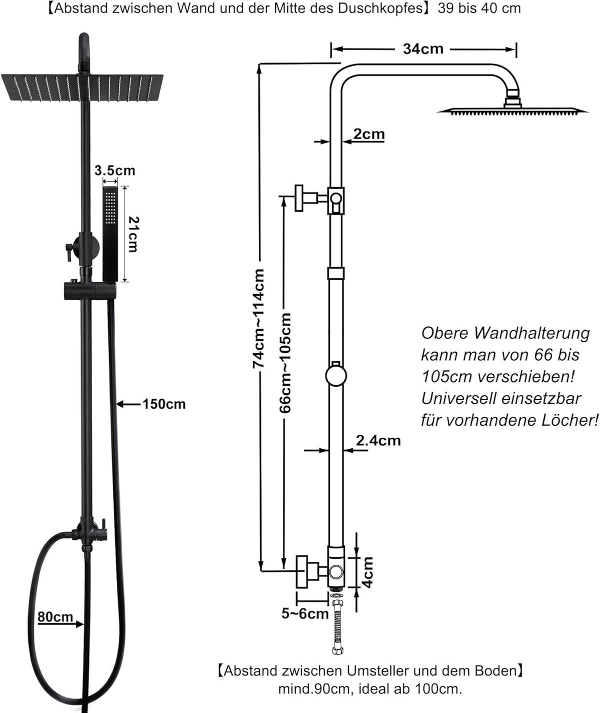 Douchesysteem – Regendouche – Doucheset – Douchekolom – Handdouche – Mat Zwart – Roestvrij Staal – Verstelbare Hoogte 74-114 cm – Grote 30x30 cm Ultra-Dunne Douchekop