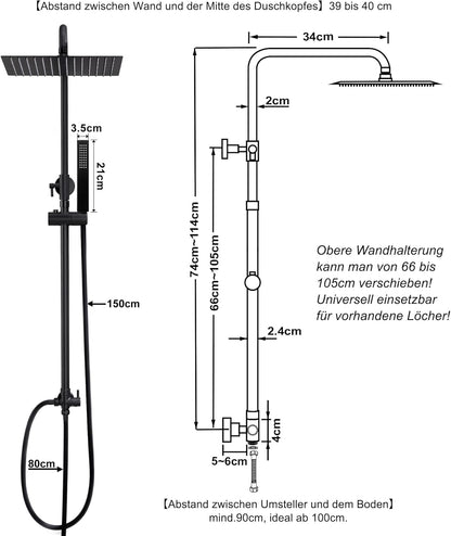 Douchesysteem – Regendouche – Doucheset – Douchekolom – Handdouche – Mat Zwart – Roestvrij Staal – Verstelbare Hoogte 74-114 cm – Grote 30x30 cm Ultra-Dunne Douchekop
