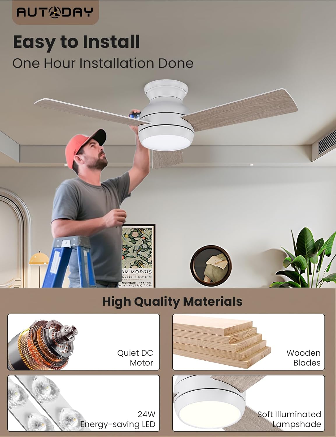 Houten plafondventilator met verlichting, afstandsbediening met geheugenfunctie, stille DC-motor 30 W, diameter 102 cm, plafondventilator outdoor, dimbare led 24 W, 3 omkeerbare bladen, 6